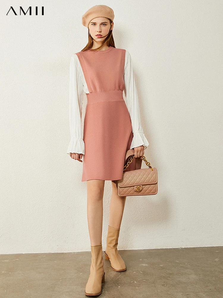 

Amii Minimalism Autumn Women's Dress Fashion French Style Oneck Patchwork High Waist Knee-length Dresses For Women 12030479