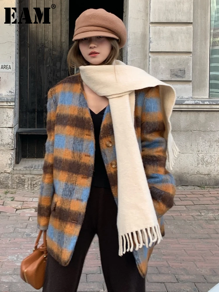 

[EAM] свободное коричневое клетчатое шерстяное пальто большого размера, новая женская куртка с отворотом и длинным рукавом, модная осенне-зимняя 2023 1DH2839
