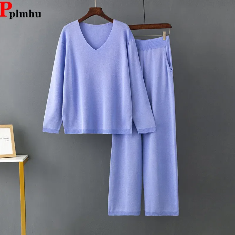 Классические однотонные вязаные комплекты из 2 предметов корейские повседневные