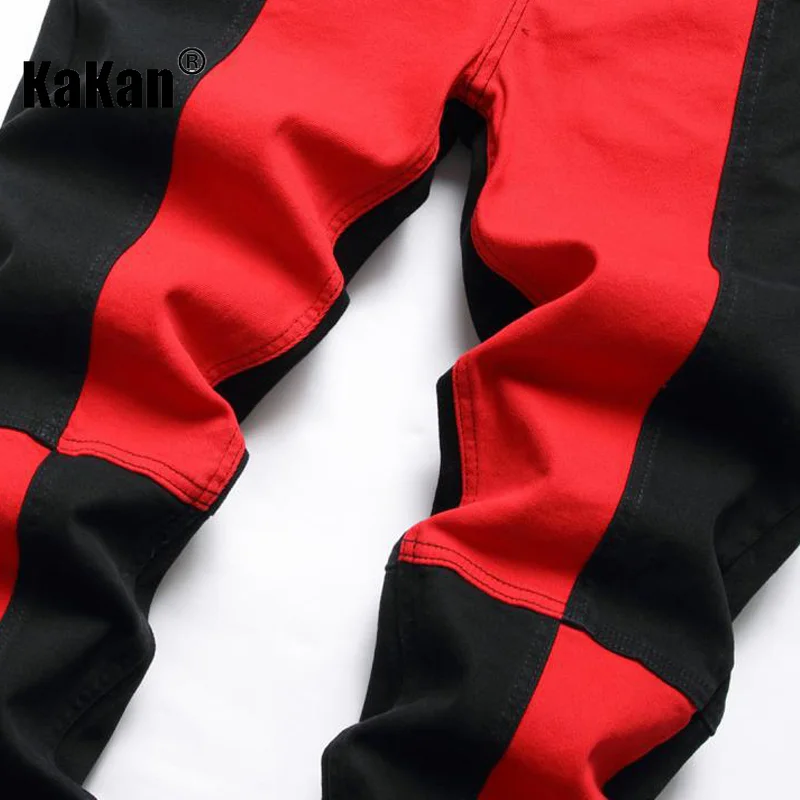 Kakan - New European and American Men's Jeans, Slim Fitting Straight Tube Black Red Patchwork Checkered Denim Pants K23-7275