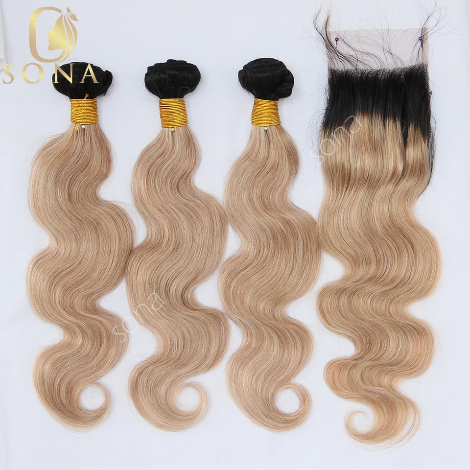 Фото Наборы натуральных волос Honey Blonde Ombre 1B 27 с заколкой-застежкой и HD-кружевом, пепельно-русый, 3 пучка с темными корнями №1