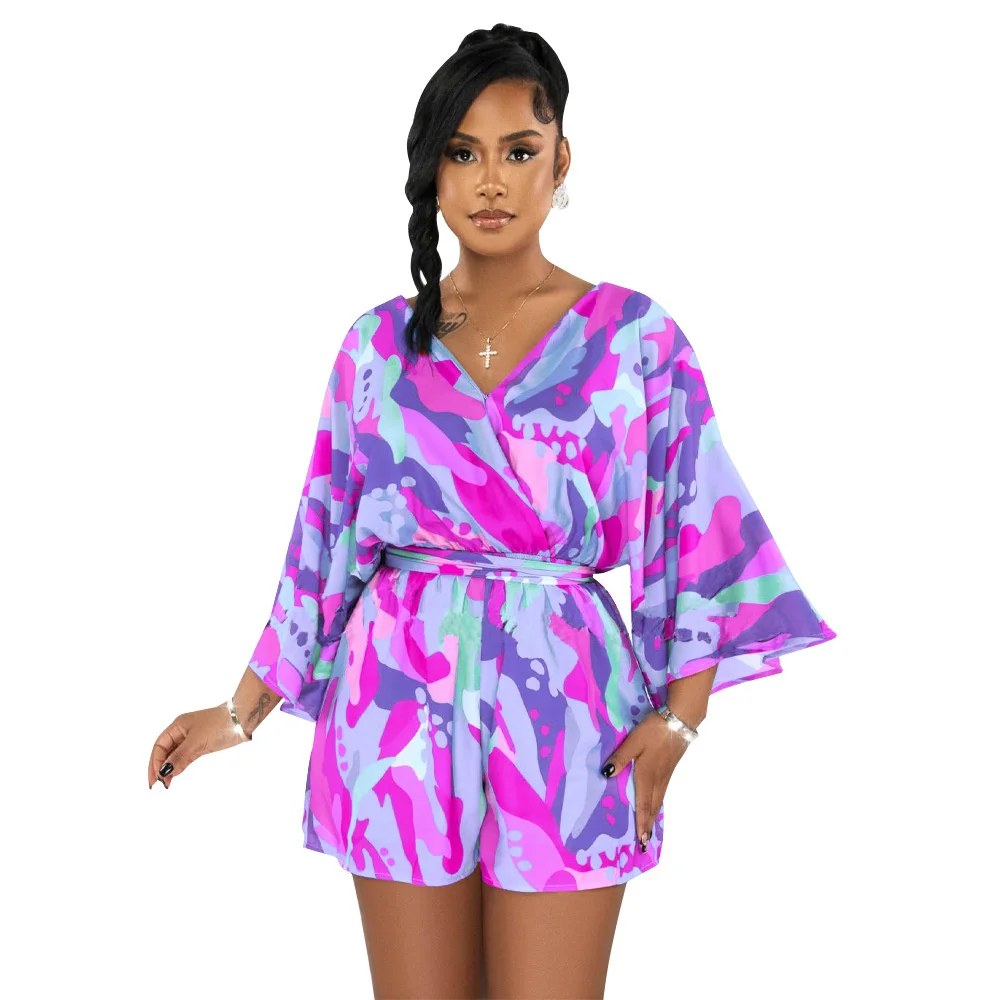 Women's Jumpsuit Fashion Women's 2023 New V-neck Sexy Open Back Printed Shorts Jumpsuit Streetwear One Piece Outfit Women