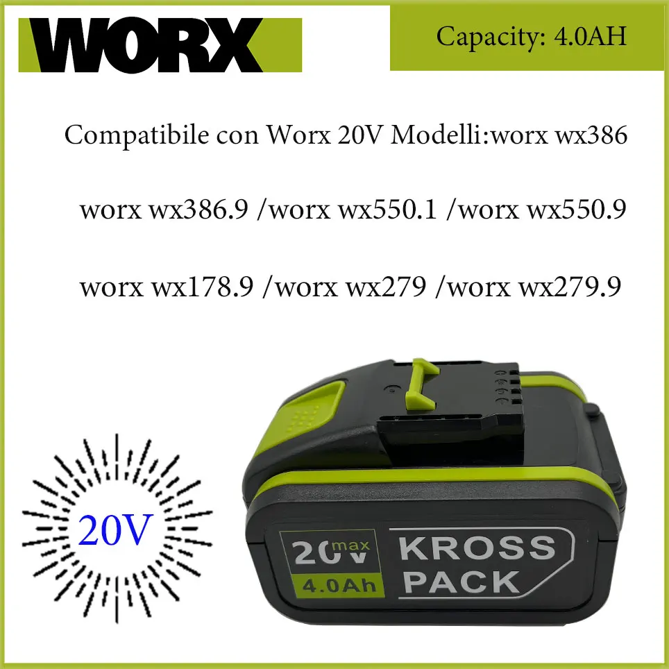 

4.0Ah 20V Lithium ion Replacement Rechargeable Battery for Worx WA3551 WA3553 WX390 WX176 WX550 WX386 WX373 WX290 WX800 WU268