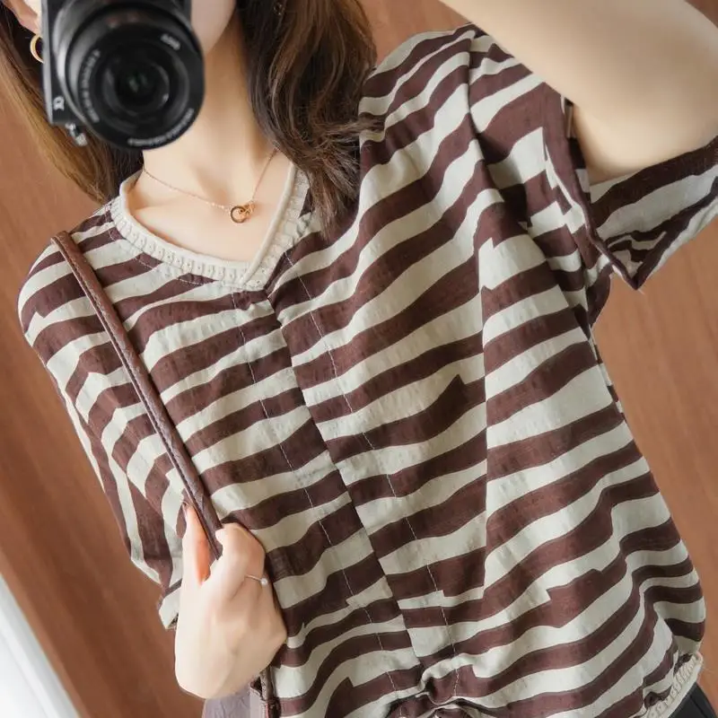

2022 Summer Literature And Art Cotton Linen Stripe Short Sleeve Splicing Drawstring Loose Top Irregular T-shirt Women