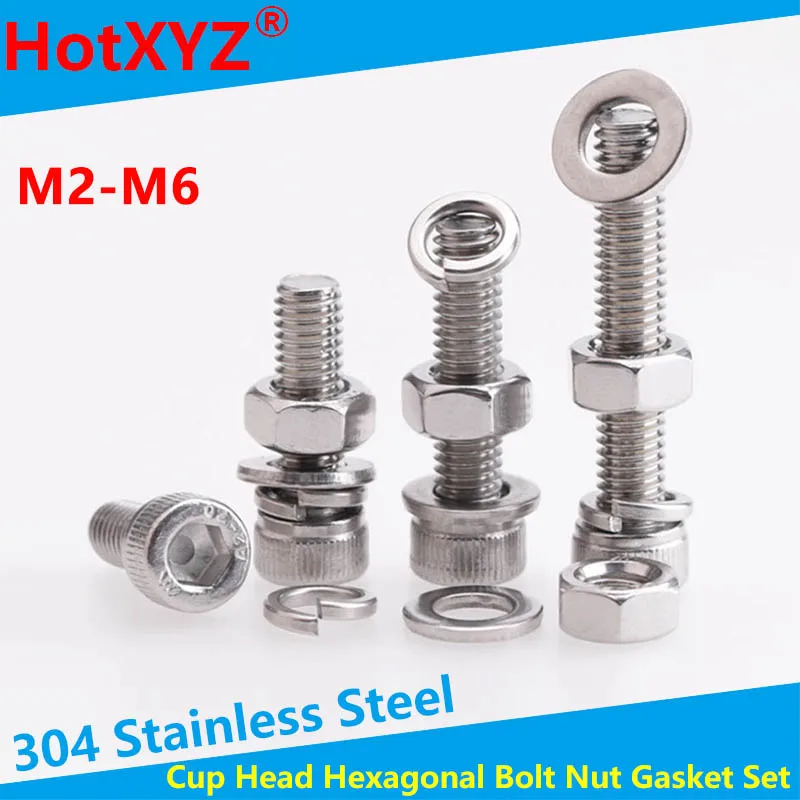 

M2 M2.5 M3 M4 M5 M6 Stainless Steel 304 Cup Head Hexagonal Bolt Screw Nut Gasket Set Large Full-body Pad Combination