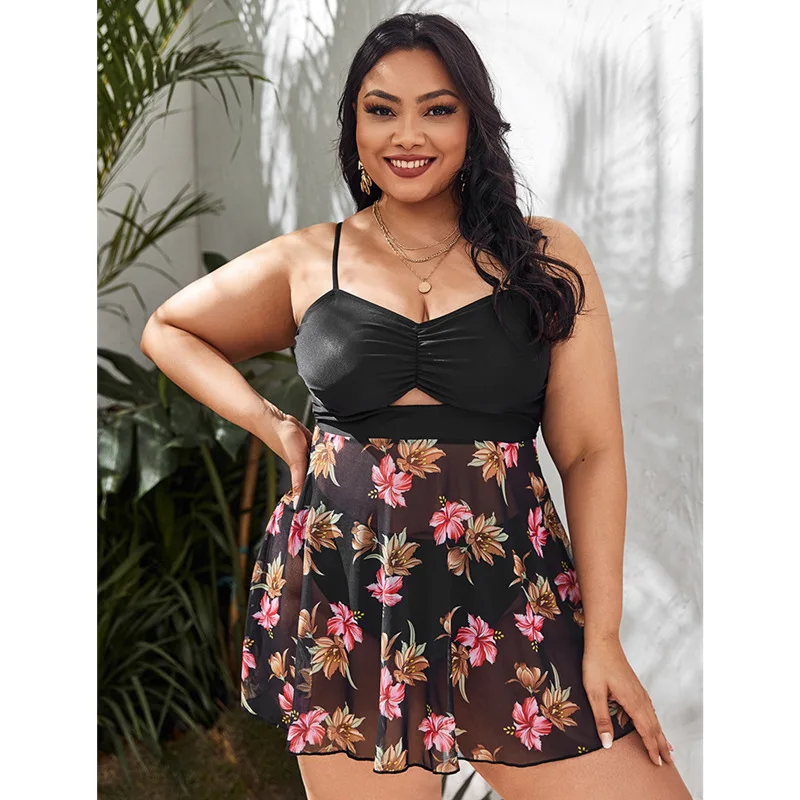 

Plus Size Bikini 2022 Fashion Floral Print Patchwork Beach Dress outfits Two Pieces Bathing Suit Big Size Swimsuit