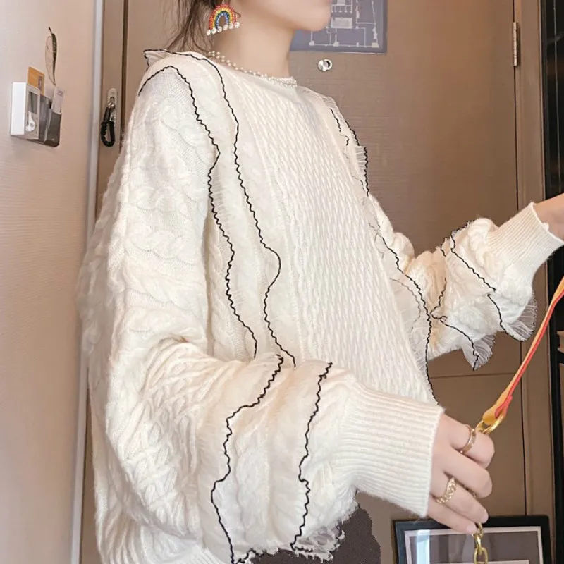 

2021 Ruffled Women's Gauze Patchwork Pullover Sweater O-neck Long-sleeved Sweater Women Pull Viper Casual Loose Korean Style Top