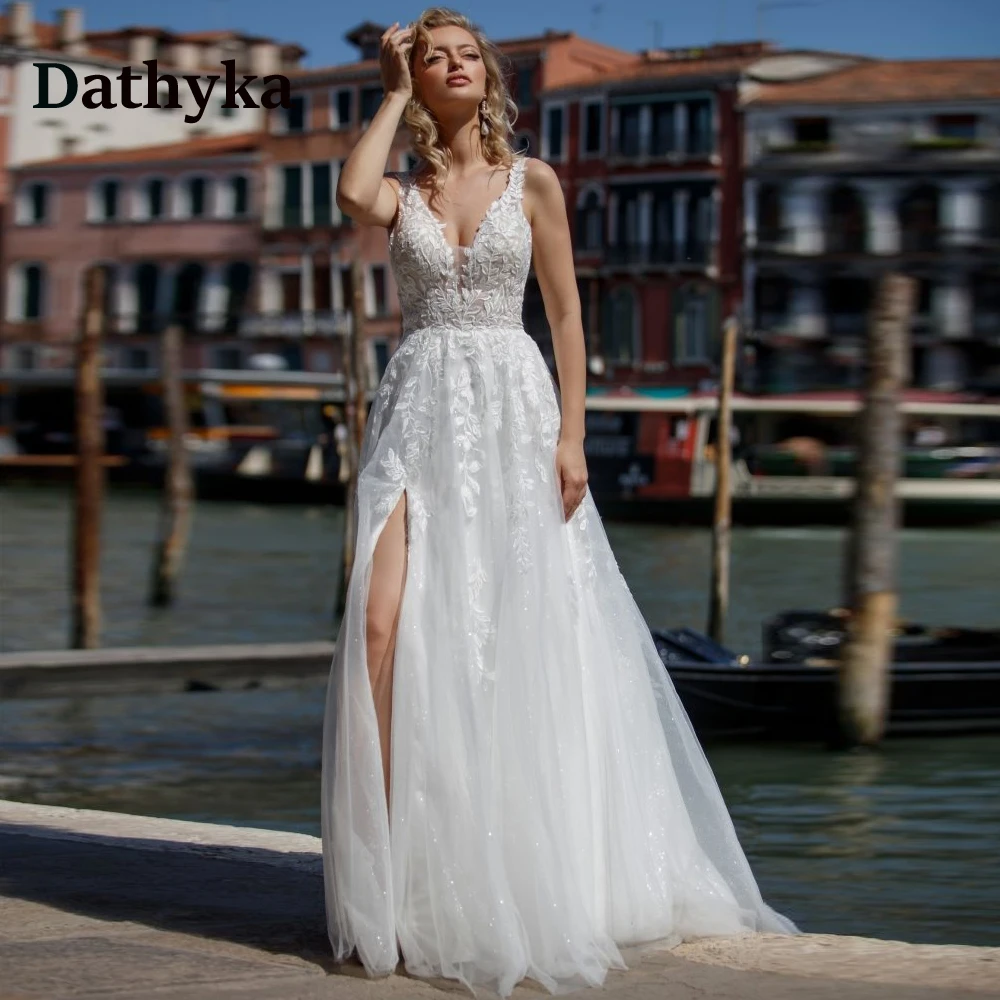 

Dathyka Glitter Slit Wedding Dresses for Women V Neck Tulle Appliques Open Back Pleats Button Vestido De Casamento Personalised