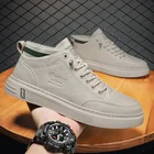 Кеды мужские кожаные, мягкие кроссовки, удобная спортивная обувь для скейтборда, плоская подошва, резинка, белый цвет, повседневные