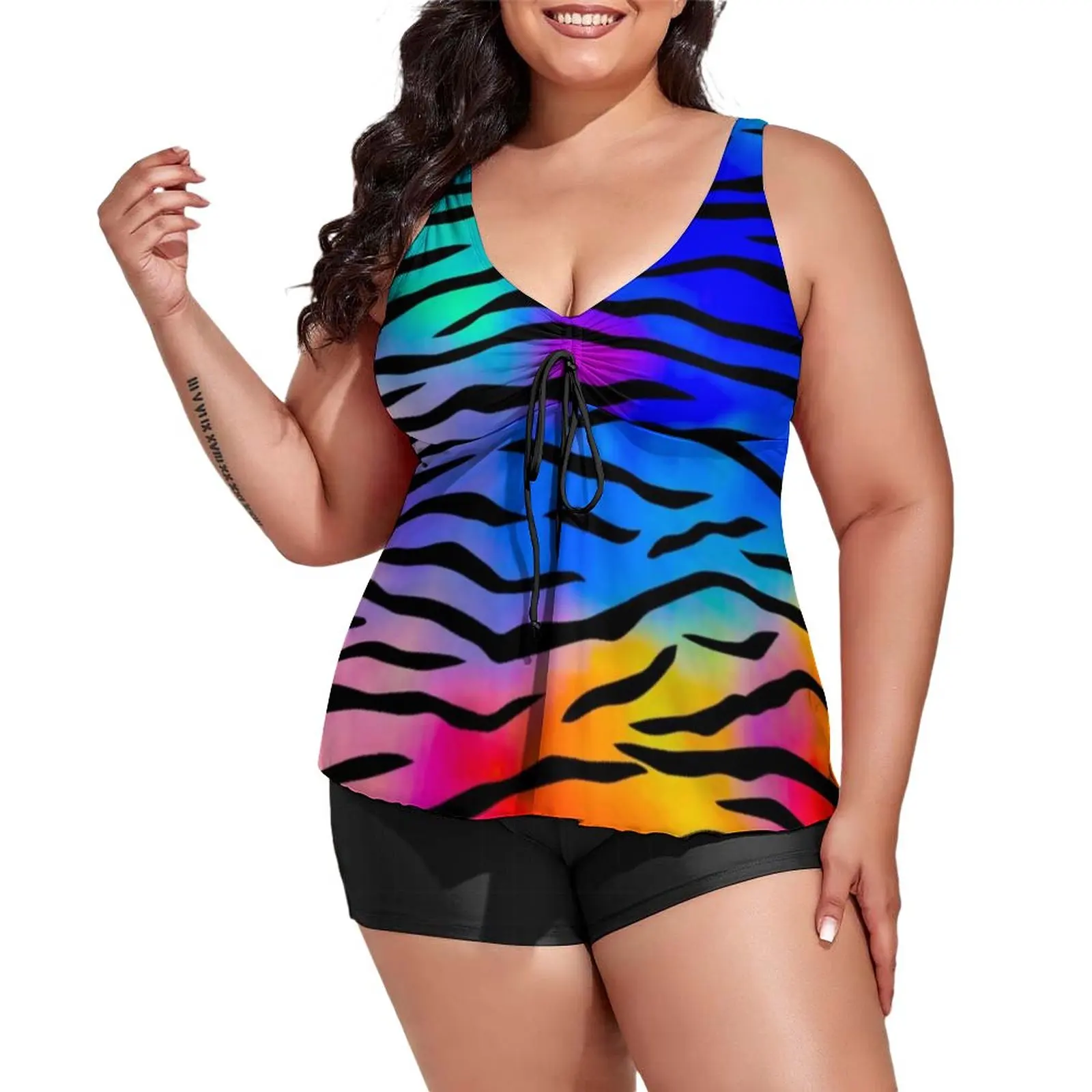 

Tiger Stripes Swimsuit Abstract Line Print Two Piece Tankini Swimwear Adjustable Bathing Suits Plus Size Surf Beach Outfits