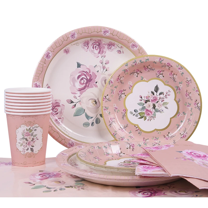 

Floral Printing Disposable Tableware Paper Plates Cups Napkins Banner Adult Birthday Party Garden Tea Party Supplies Weddiing