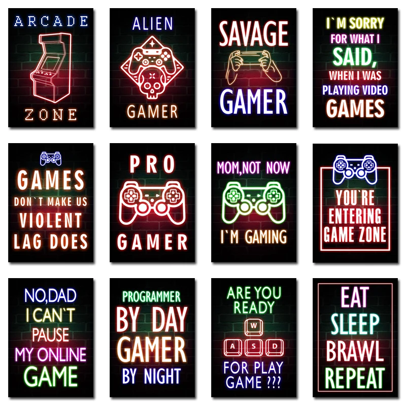 

Постер для игровой комнаты, настенное художественное украшение, Картина на холсте для видеоигр, игровая комната, неоновый декор, картина для мальчика, игровая спальня, принты, Декор
