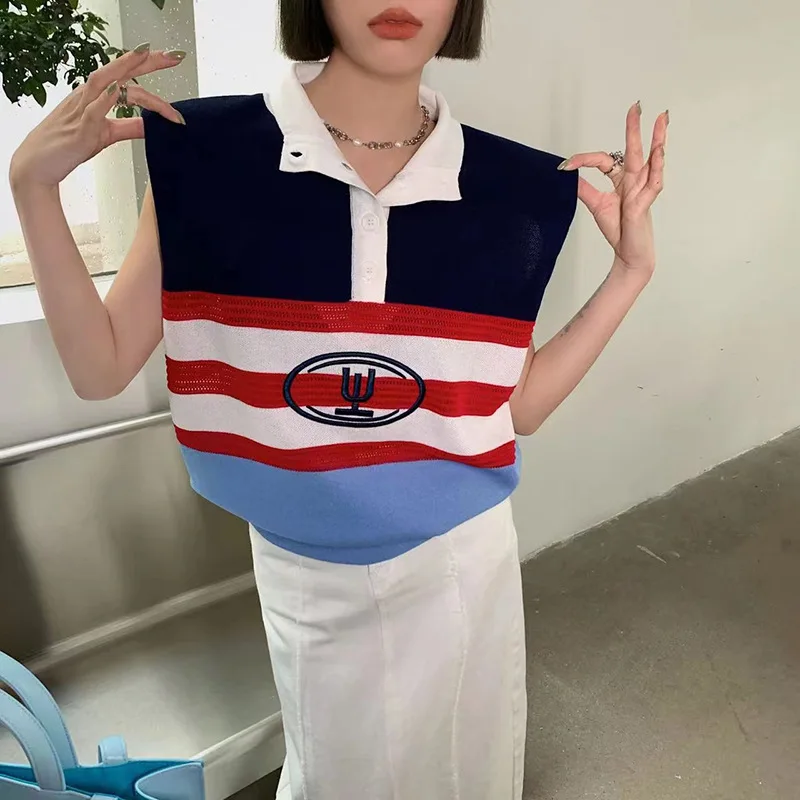 

WDMSNA 2022 Korean Short Sleeve Tank Top Summer Ice Silk Striped Vest Fashion Lapel Color Matching Sleeveless Tanks Women