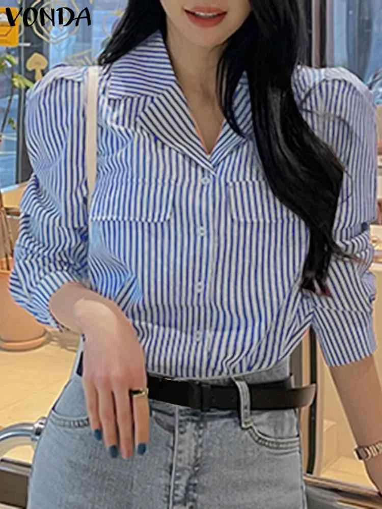 

2023 VONDA Women Fashion Shirts Long Sleeve Elegant Striped Printed Blouses Summer Tops Casual Buttons Lapel Blusas Femininas