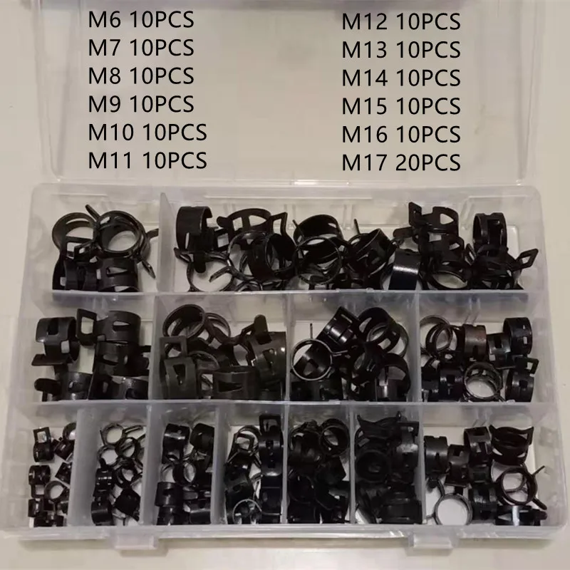 

130PCS Spring Band Type Action Fuel Line Silicone Vacuum Hose Pipe Clamp Low Pressure Air Clip Fasteners Assortment Kit black