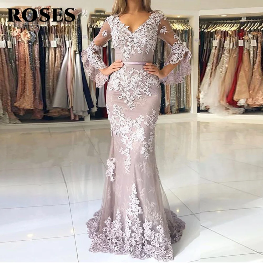 

Muslim Mermaid Evening Dresses With Sleeves Vestidos Largos Lace Islamic Dubai Lebanon Elegant Long Party Prom Gowns With Lace