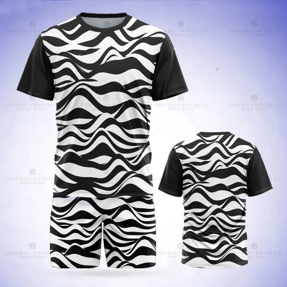 Simple Line Texture Pattern Men's T-Shirt Set Ladies Full Body Print Fashion Girls Short Sleeve Boys Tops Shirt Shorts 2 Pieces