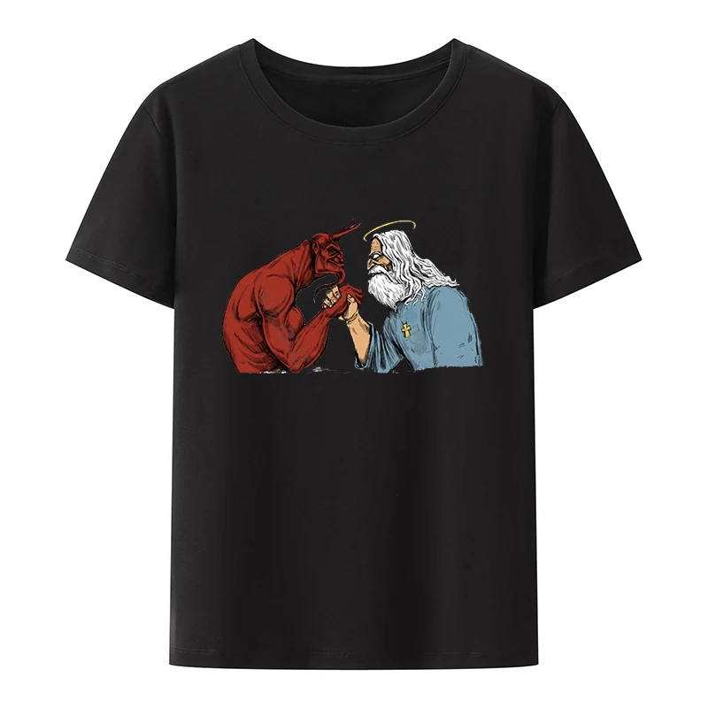 

Футболка мужская с круглым вырезом, стильная тенниска унисекс с коротким рукавом, с надписью Сатана И Бога, летняя