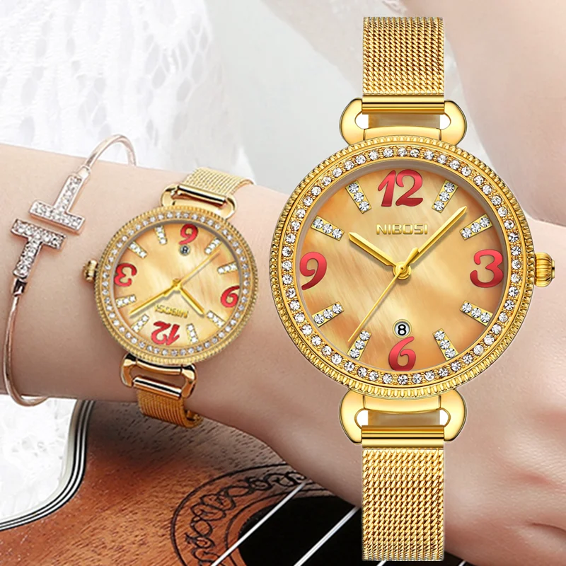 

NIBOSI 2023 Fashion Diamond Ladies Wristwatches Luxury Gold Women Watches Mesh Stainless Female Quartz Watch Relogio Feminino