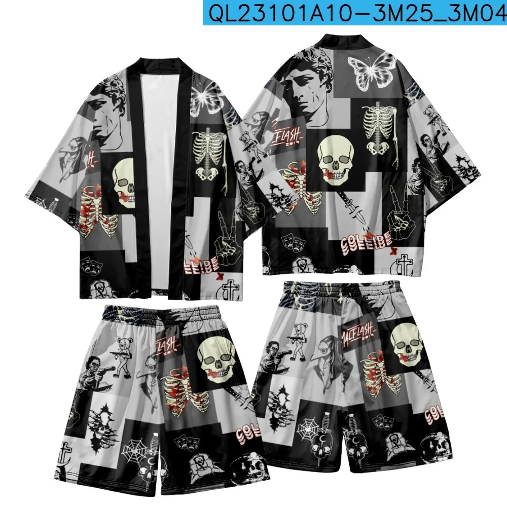 Комплект из 2 предметов юката и шорты кардиган с принтом скелета в японском стиле