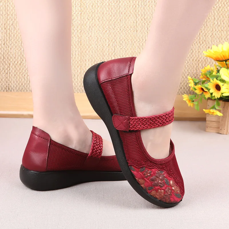 2023 New Women Flat Shoes Spring Summer Mesh Breathable Loafers Female Mary Jane Shoes Grandma Non Slip Casual Shoe Mom Footwear