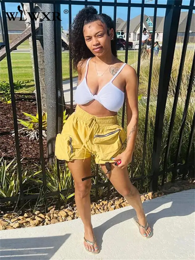 

WLWXR Летние черные Асимметричные шорты с карманами для женщин 2023 уличная одежда Лоскутные Повседневные Шорты-карго с высокой талией