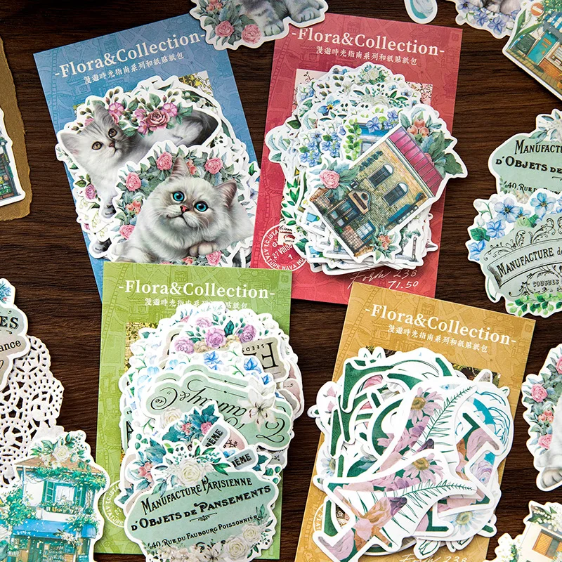 

45pcs Flower Cat Pattern Hand Ledger Materials Collage Stickers Scrapbooking DIY Diary Scrapbooking Supplies Kawaii Stationery