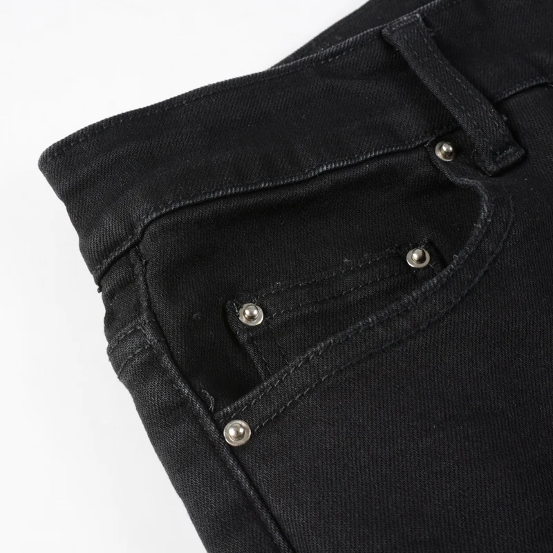 Street Fashion Men Jeans Black Slim Fit Stretch Ripped Jeans Men Punk Trousers Leather Patch Designer Hip Hop Brand Pants Hombre