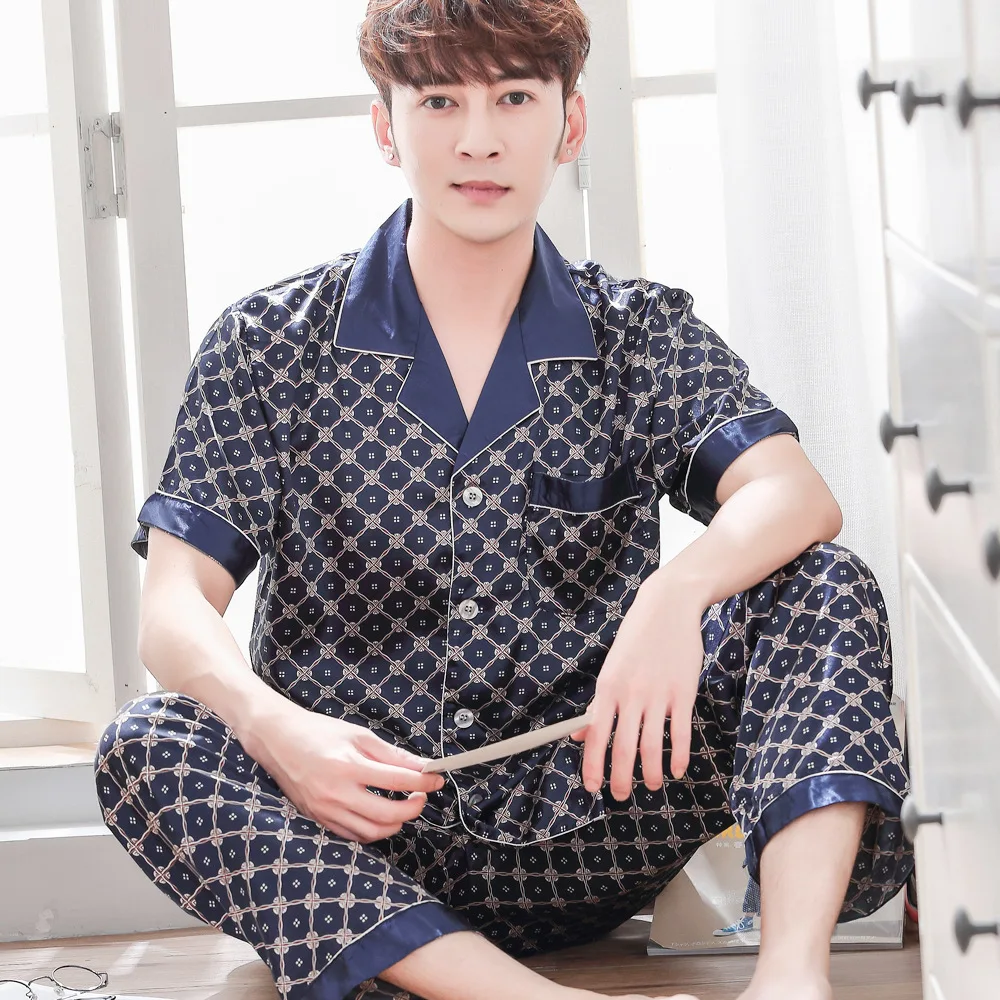 2pc Plus Size Short Sets Satin Set Pijamas Printing Sleepwear Silk Pajamas for Men Home Soft Cozy Short Sleeve Sleep Top Pants