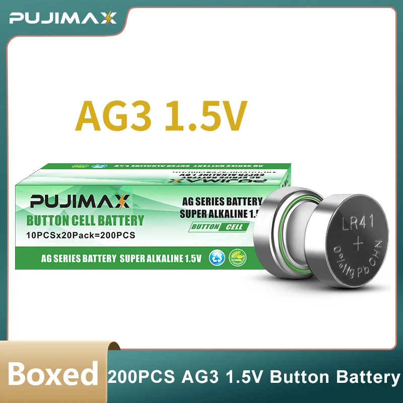 

PUJIMAX 200pcs/box AG3 1.5V LR41 392 Button Batteries 192 SR41 Cell Coin Alkaline Battery L736 384 SR41SW CX41 for Watches Toy