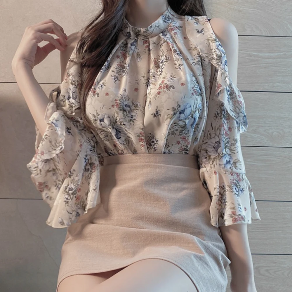 

2023 Autumn New Fashion Elegant Strapless Lotus Leaf Sleeve Casual Floral Loose Shirt Women Long-Sleeved Top Chiffon Female