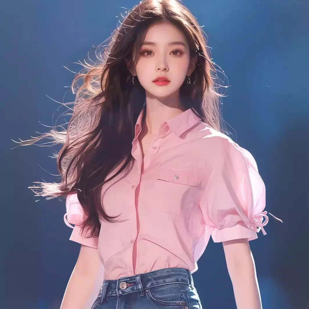 Chic Pink Bubble Sleeve Shirt Women's Summer New Style Button Decorated Casual Fashionable Top for Ladies in 2022 |