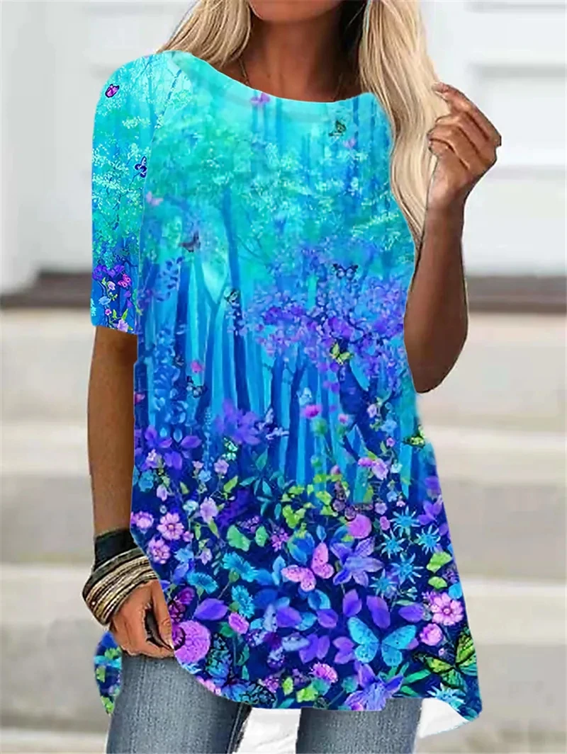 

Женская футболка с коротким рукавом, зеленая, синяя, Красная футболка с цветочным градиентным принтом, повседневный модный топ с круглым вы...