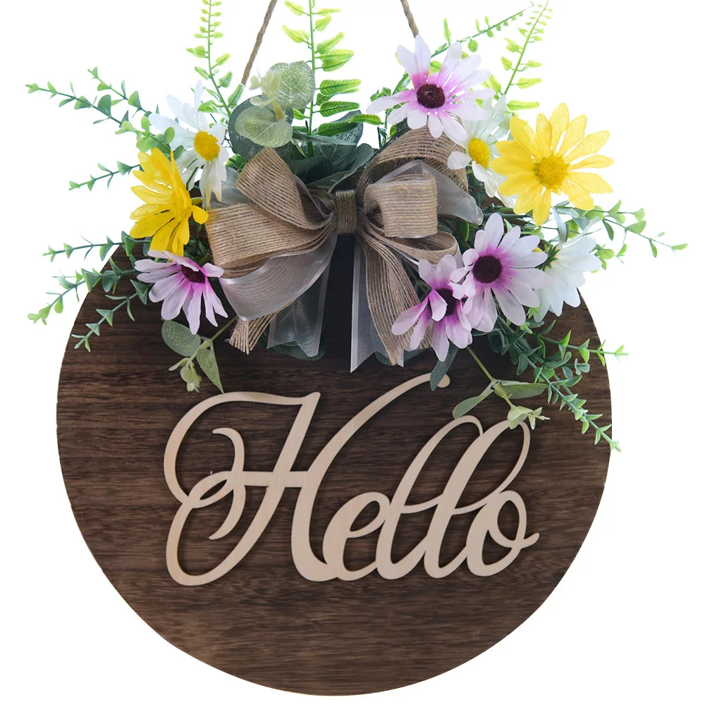 

Hello Welcome Sign Front Door Woode Garland Small Chrysanthemum Artificial Flower Ribbon Bow Lovely Home Decoration