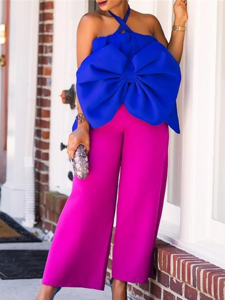 

AOMEI 2 Piece Sets Blue Tops Halter Wide Leg Rose Red Pants Bowtie Women Backless Sexy Club Suits Fashion Female Two Pieces Sets