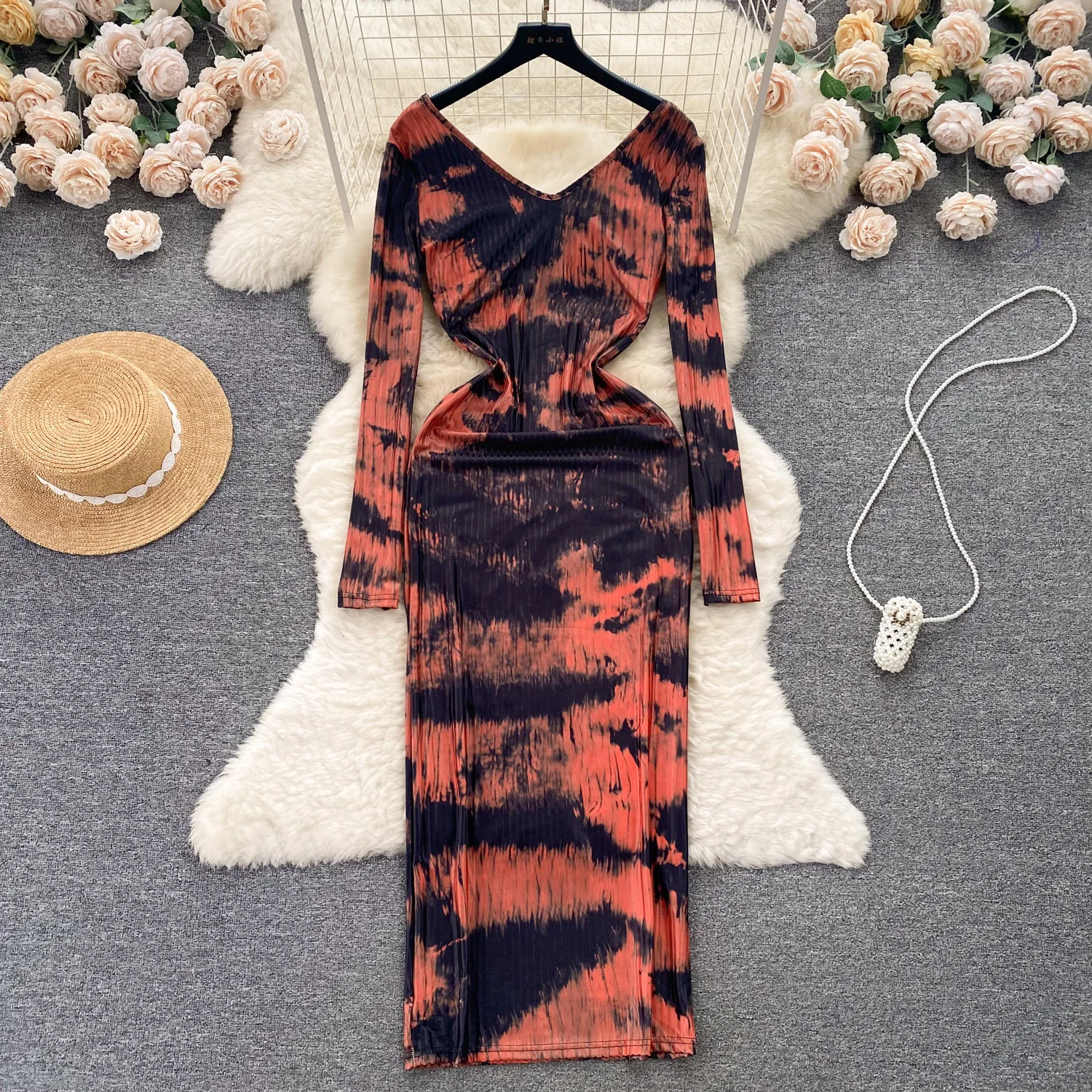 

Feminine Fashion Tie Dyed Printed Autumn Dress For Women Sexy Slim Fitting High Quality Elegant Long Bottom Dress Evening Party