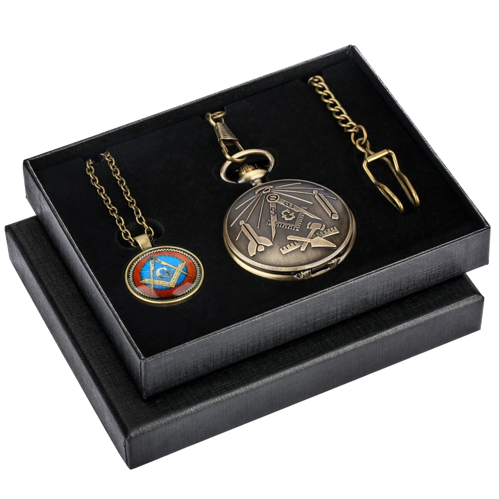 2022 New Arrival Freemasonry Masonic Pocket Watch Set Necklace Pendant Watches Box Best Gift Set for Men Women Dropshipping