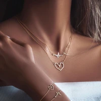 gold plated double layer heartbeat necklace for women trendy clavicle chain heart pendant necklace jewelry gift