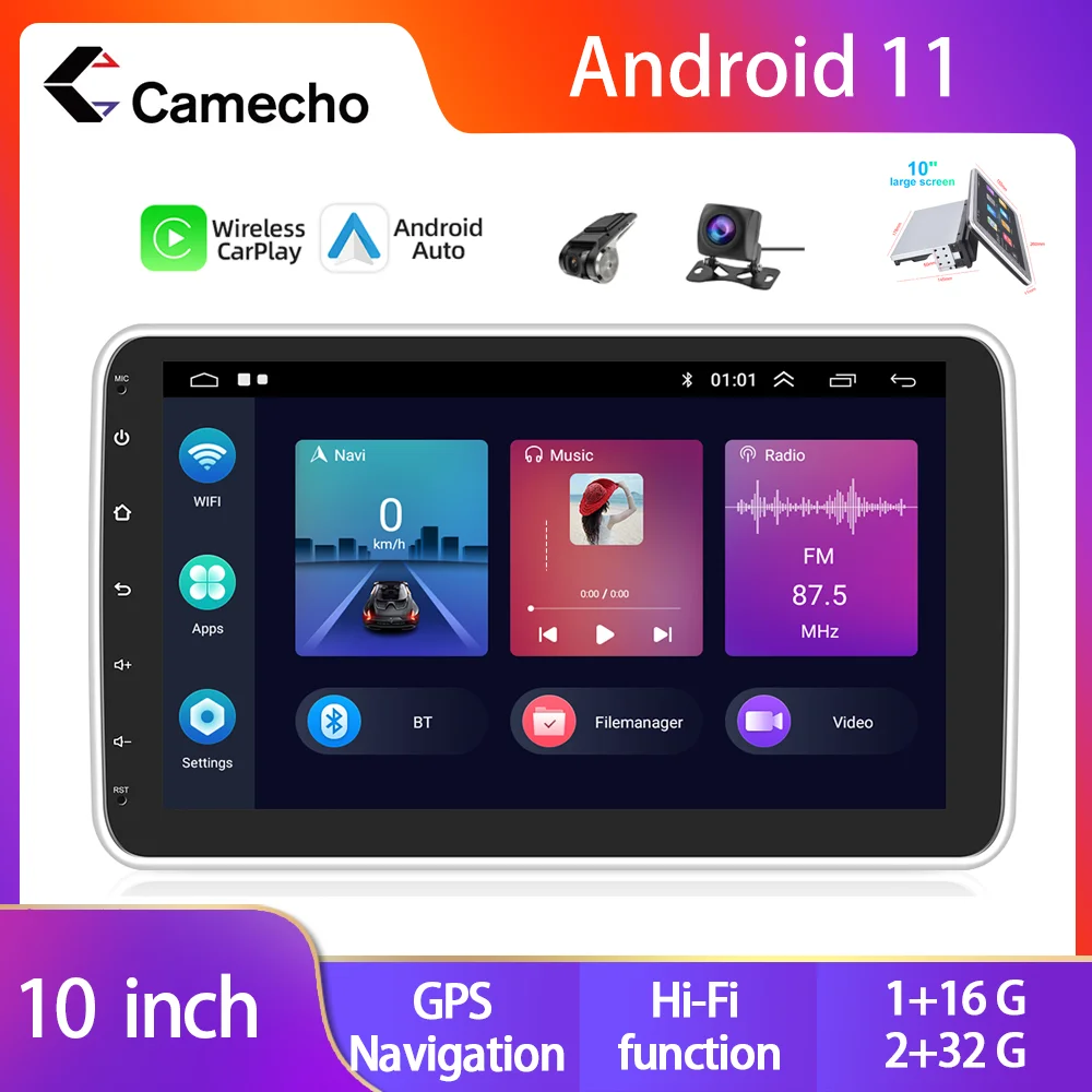 

Camecho 1 din Android 11 автомобильный мультимедийный плеер Авторадио Стерео 10-дюймовый сенсорный экран видео GPS WiFi HiFi автомобильный видеоплеер