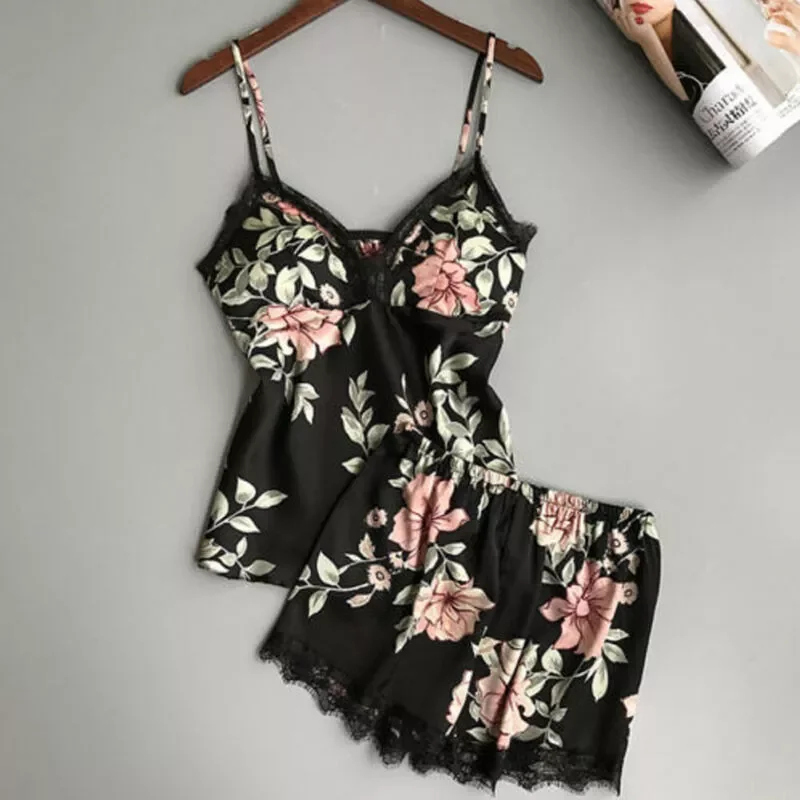 

Women Silk Satin Lace Robe Crop Tops Shorts Sleepwear Floral Print Lace Babydoll Nightdress Pajamas Set traf
