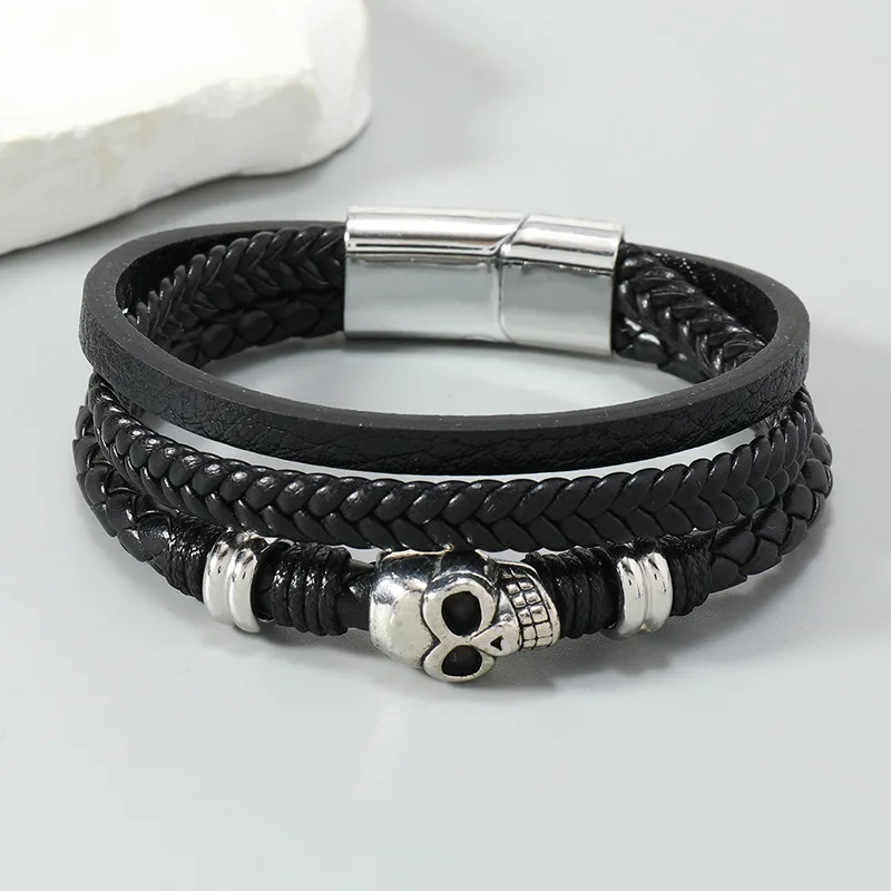 Многослойный кожаный браслет из нержавеющей стали мужские браслеты с черепом