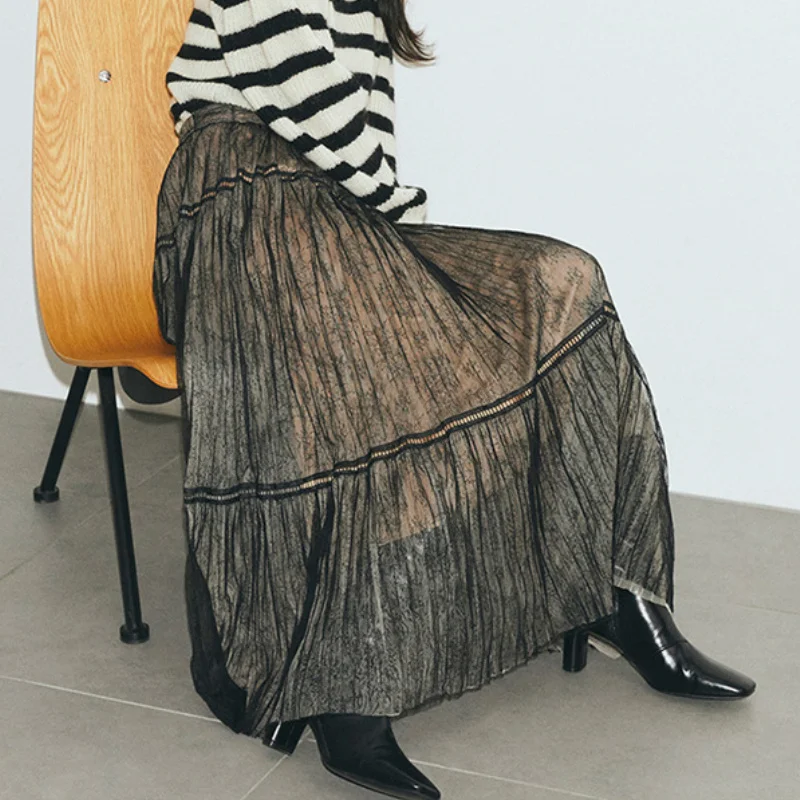

High Waist Spliced Lace Pleated Skirt Women Autumn Office Lady Retro Faldas Mujer Winter 2022 New Elegant Jupe Femme