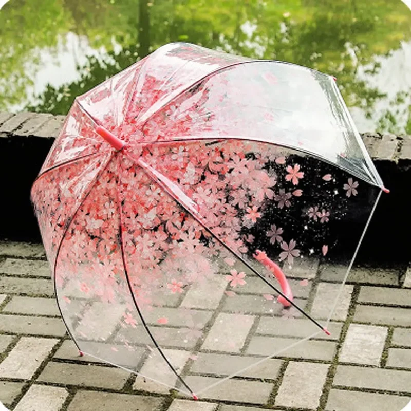 

Rain Long Large Three Paraguas Umbrella Women Fold Princess Handle Sakura Umbrellas Arch Universal Flowers Apollo Transparent 