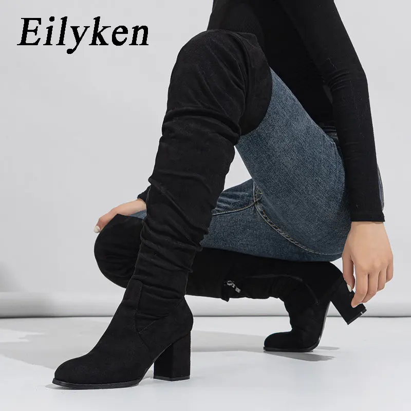 

Eilyken/Новинка 2023 года; Зимние женские ботфорты на молнии; Модная из флока квадратном каблуке обувь; Высокие сапоги до бедра; Botas De Mujer