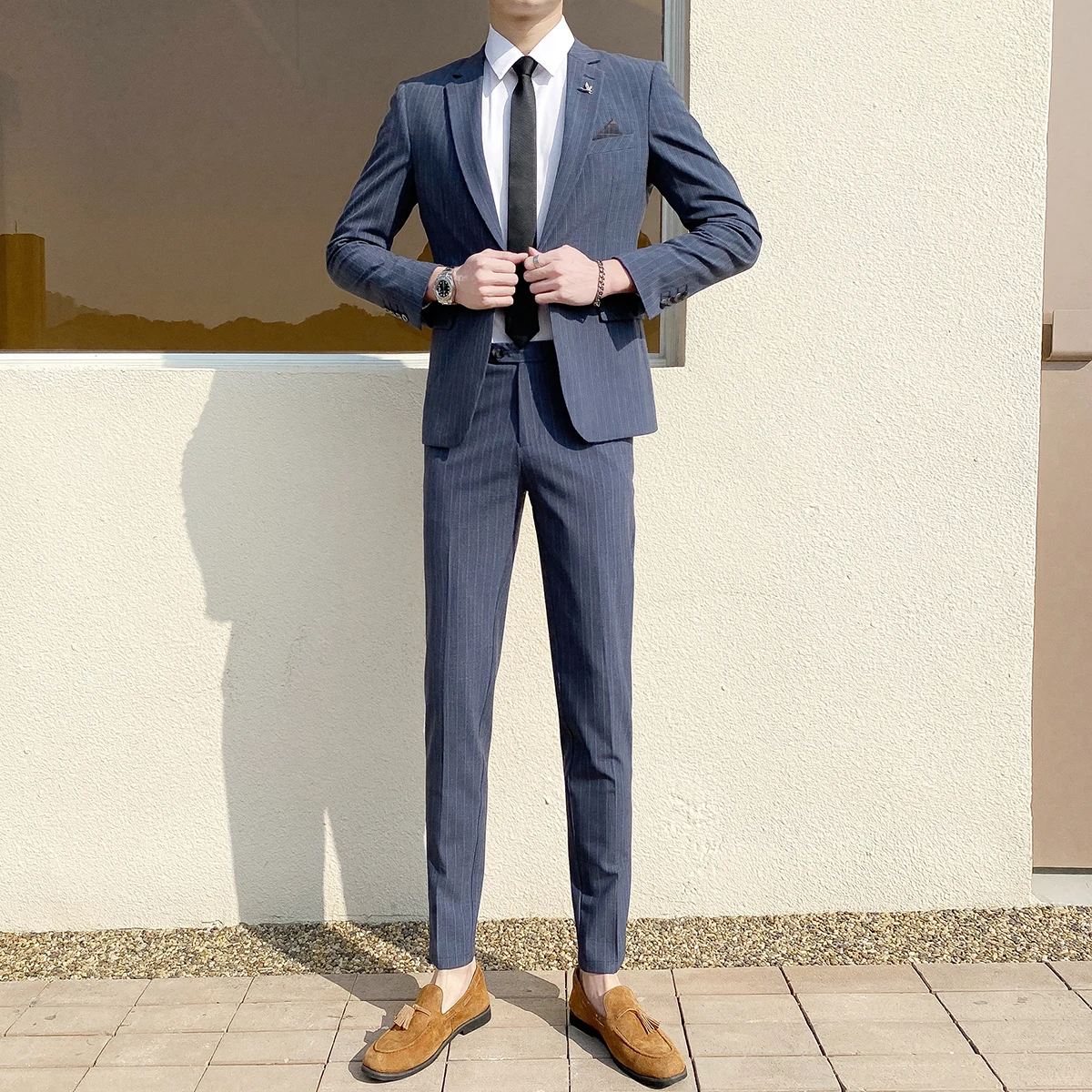 

Men 2022 Spring Summer New Fashion Striped Suits Male Groom Wedding Dress Jackets + Formal Business Pants 2 Piece Sets C108