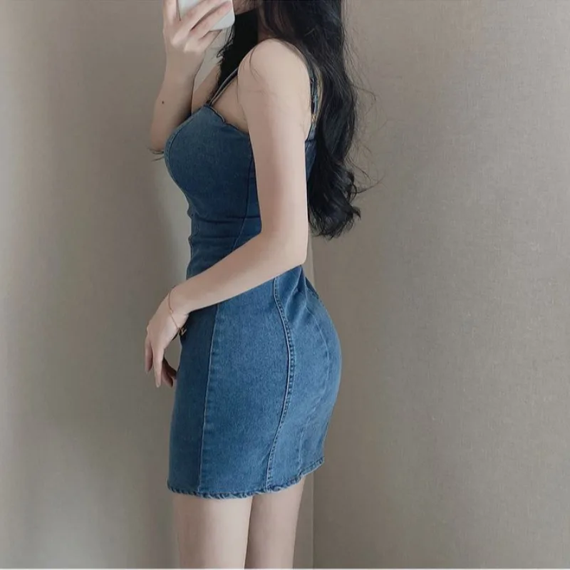 Женское облегающее джинсовое платье Y2k черное уличное с V-образным вырезом и