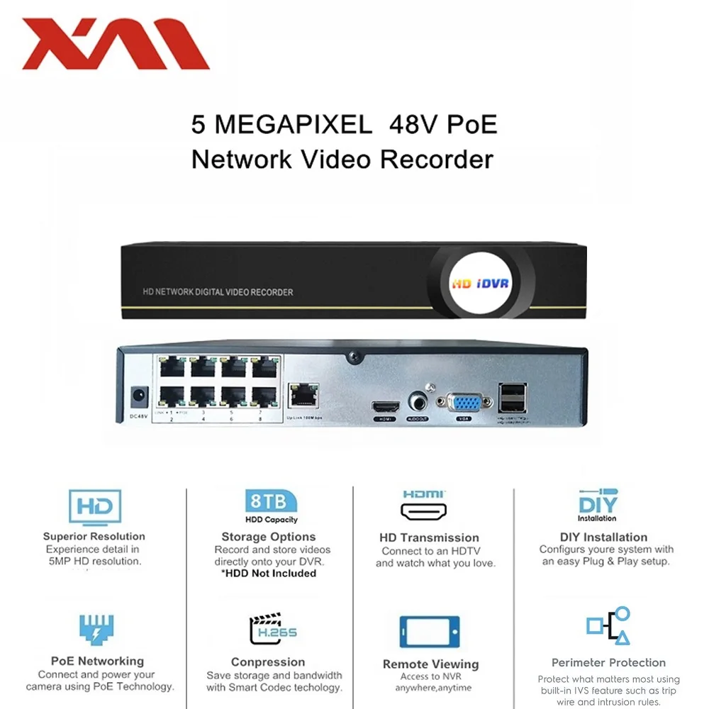 

Сетевой видеорегистратор H.265, 16 каналов (8 портов POE), NVR, 1080P/3MP/4MP/5MP, порты Sup до 5-мегапиксельных ip-камер, совместим с ONVIF