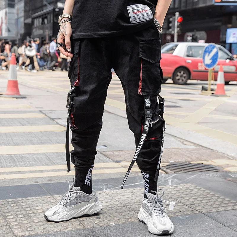 

Men Cargo Pants Black Ribbons Block Multi-Pocket Harem Joggers Harajuku Sweatpant Hip Hop Casual Harem Tide Male Trousers