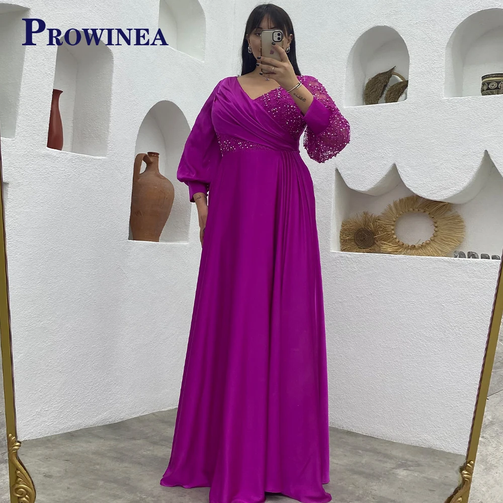 

Prowinea Exquisite V-Neck Simple Beads Full Sleeves Evening Gowns Satin For Women Made To Order Pleat Vestido De Fiesta Straight