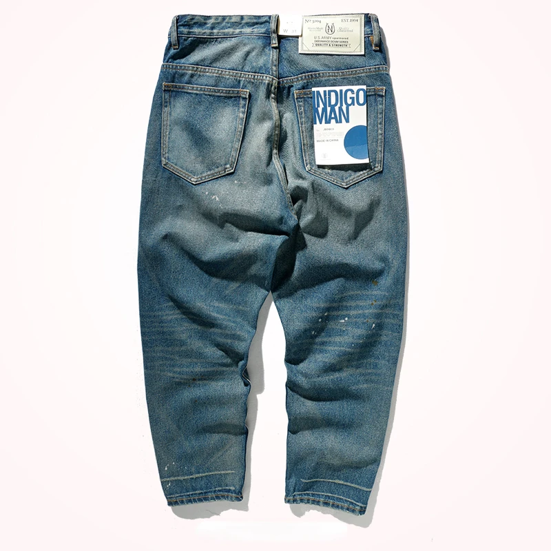 Loose jeans, men's tide, nine-minute pants, straight joker, thick and heavy denim, retro daddy pants in autumn and winter.